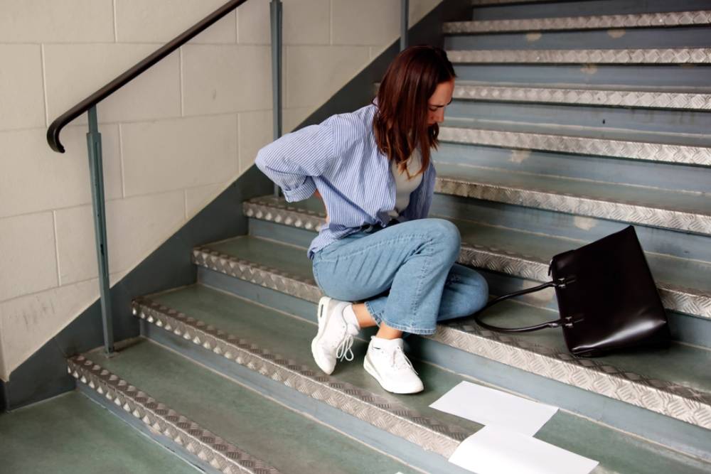 Woman Slipping Down Stairs At Workplace, Injuring Her Back.