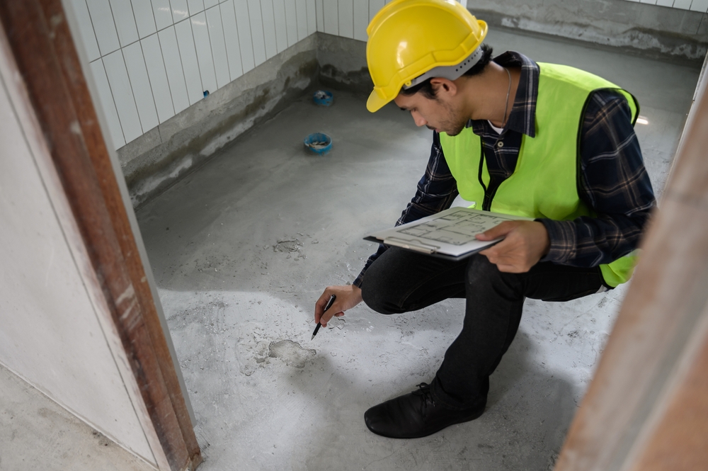 Engineer or inspector using blueprint check sheet examining cracked concrete floor during house construction